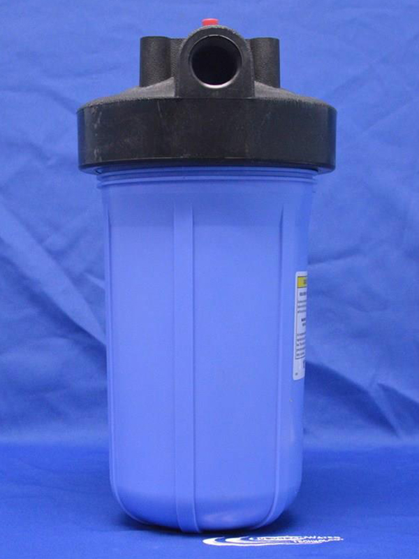 photo of a big blue housing filter with a cap and pressure relief button
