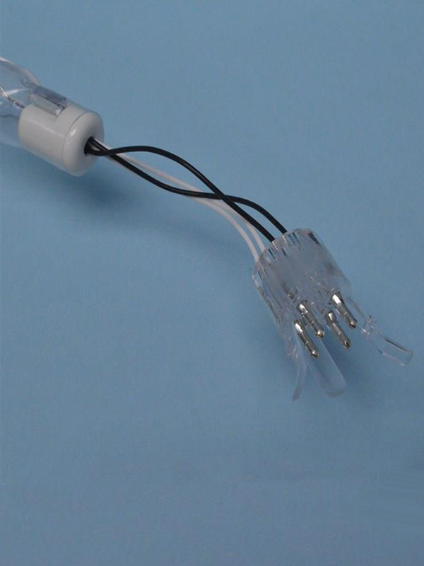 wedeco bulb with black and white wiring, 4 pronged head with clear prongs around it