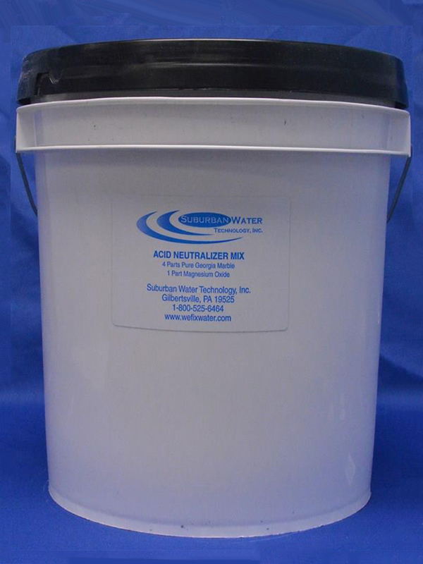 image of a plastic bucket that contains acid neutralizer mix for water maintenance chemicals