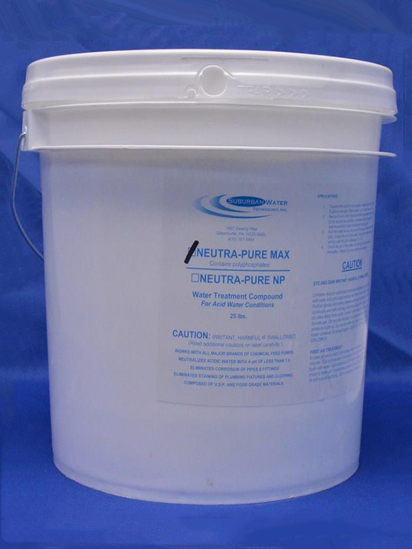 image of a 25 pound plastic bucket that contains neutra-pure max water maintenance chemicals